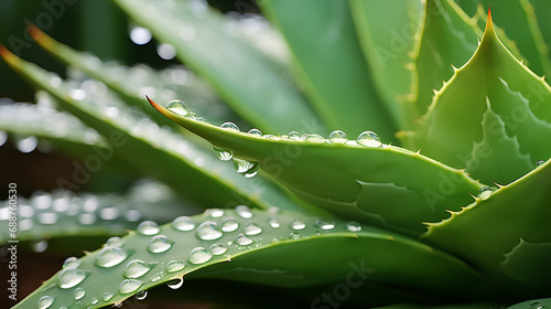 Close-up of fresh green aloe vera leaves with water drops. Dark background. Generative AI, Agave plant with dewdrops on stems. Close up of an exotic Agave Plant growing in nature. Mexican plant rich 
