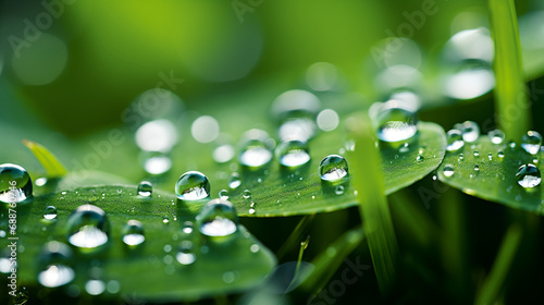 water drops on a leaf, Beautiful big clear raindrops on green leaf macro, tiny droplets of moisture on the blades of grass