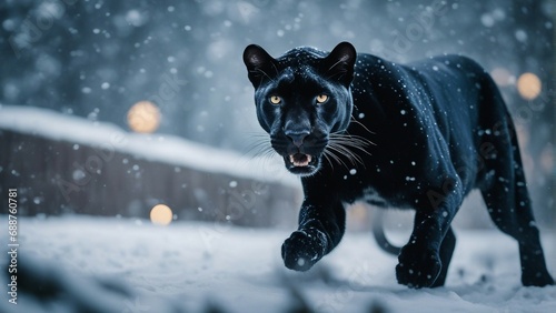 panther running towards the camera in snowfall