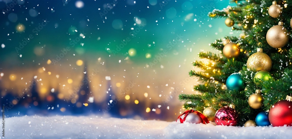 Christmas Tree With Ornaments In green and yellow lights Real Fir Branches With Glittering In Abstract Defocused Background Christmas Tree With Ornaments In green and yellow lights Real Fir Branches With Glittering In Abstract Defocused Background