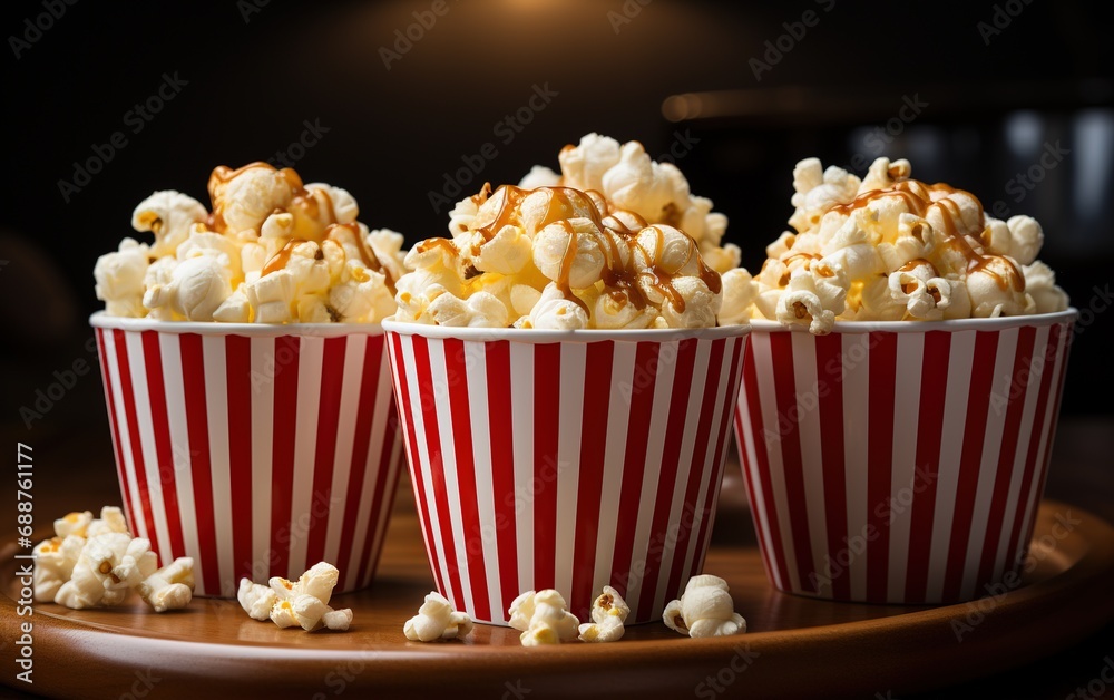 photo generated by ia three bowls of popcorn bought at a movie store. red and yellow bowls photo generated by ia three bowls of popcorn bought at a movie store. red and yellow bowls