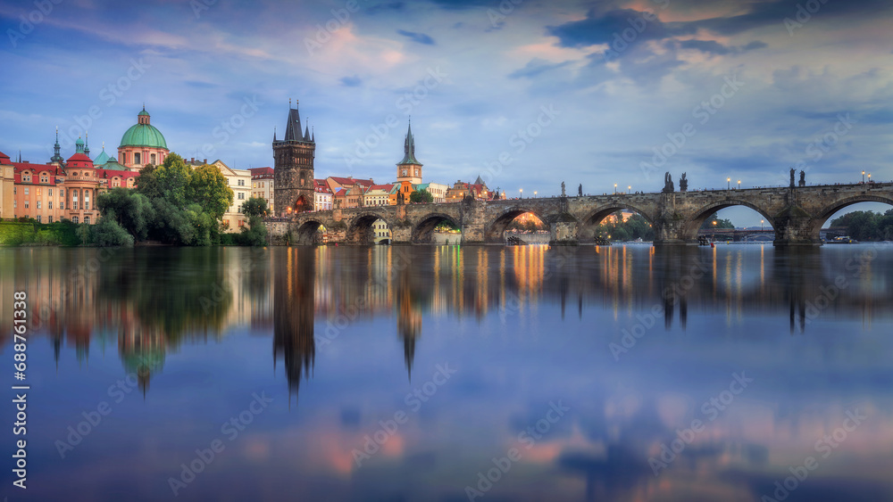 Scenic view of Charles Bridge during sunrise in Prague Scenic view of Charles Bridge during sunrise in Prague