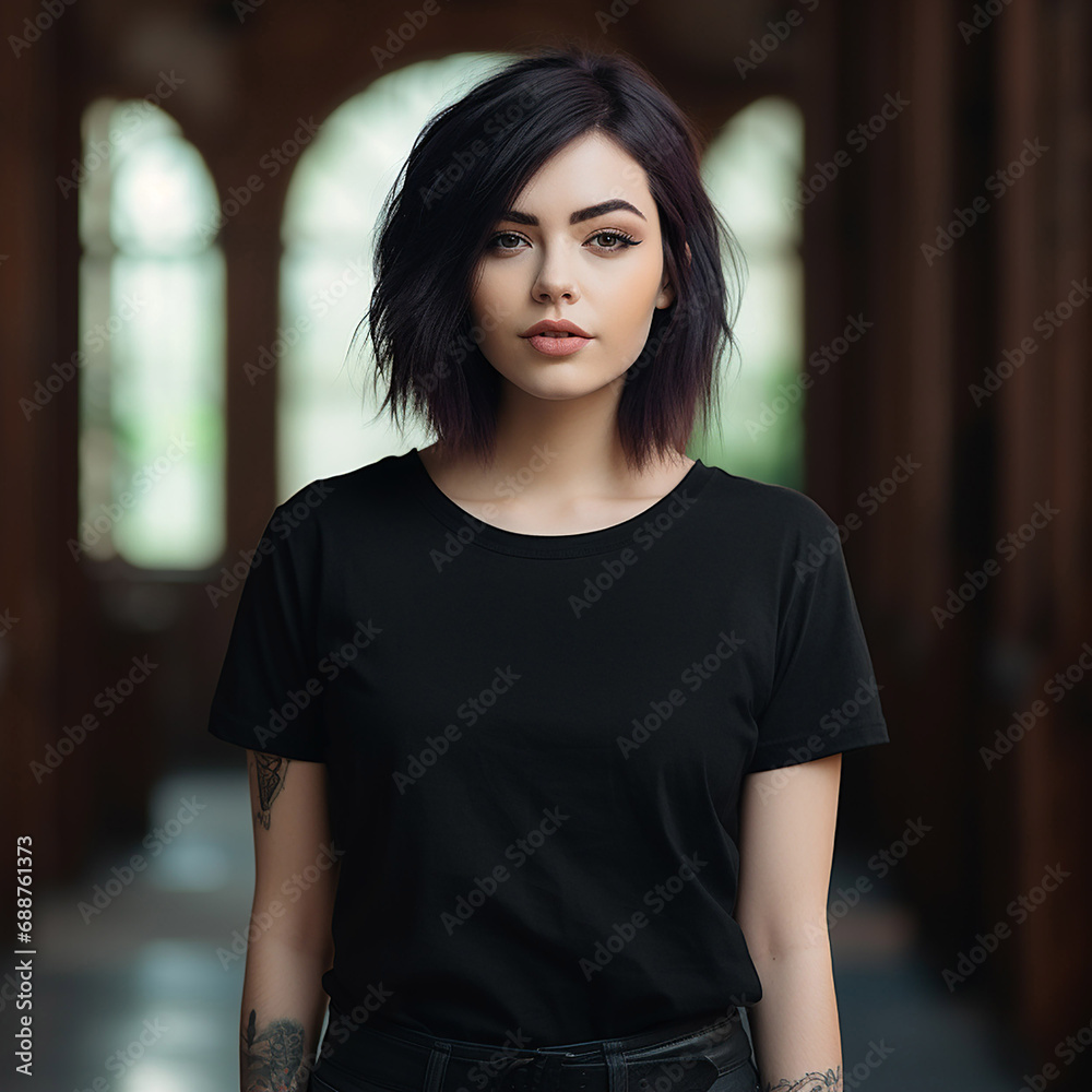 Goth woman wearing a plain black cotton t-shirt