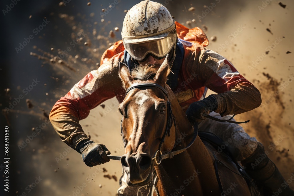 Fototapeta premium Jockey Riding a Brown Horse in a Thrilling Horse Race Generative AI