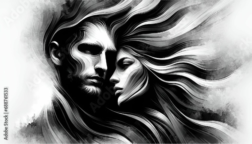 A black and white portrait of a couple with their hair interwined