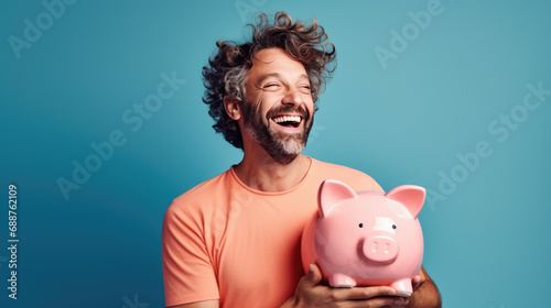 Man smiling broadly, and holding a piggybank, signifying responsible financial planning and savings.