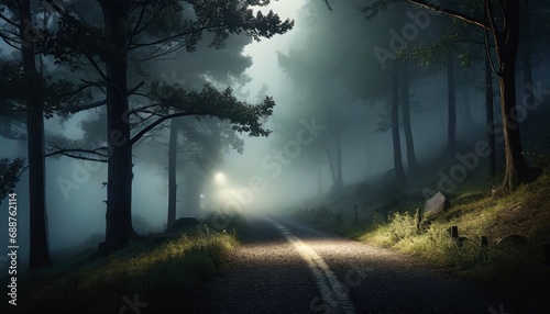 A foggy mountain road shrouded in mist