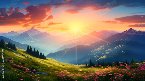 Exotic morning view from of sunrise,. Beauty of nature concept background,Majestic sunset in the mountains landscape,Beautiful Sunrise Over Green Mountains Fresh