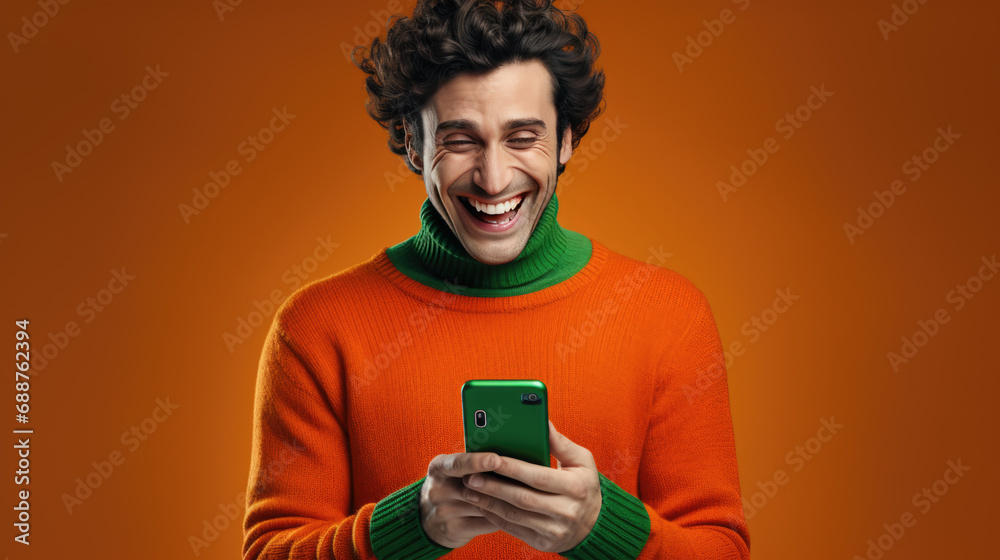 Young man is using a smartphone against orange background. Young man is using a smartphone against orange background.