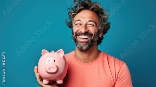 Man smiling broadly, and holding a piggybank, signifying responsible financial planning and savings.