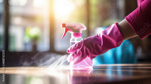 Person's arm in a rubber glove cleaning a bright, reflective surface with a spray bottle