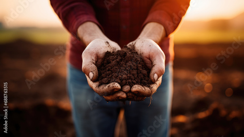 Close-up of an elderly person's hands cupped together, holding a clump of soil