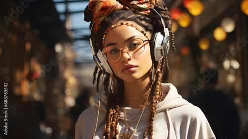 Young Woman with Braids, Glasses, and Headphones