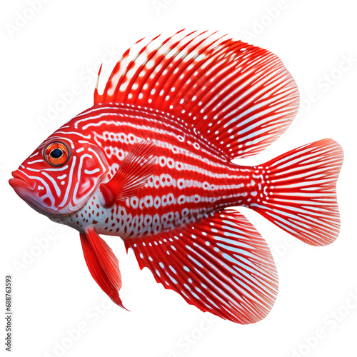 Multicolored aquarium fish on a transparent background, side view. The Red Stargazer, an red and white saltwater aquarium fish, isolated on a white background, a design element for insertion