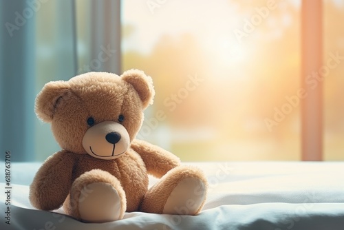 lonely teddy bear sit in bed in hospital
