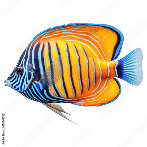 Multicolored aquarium fish on a transparent background, side view. The Tang, an yellow and blue saltwater aquarium fish, isolated on a white background, a design element for insertion