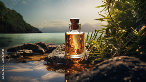 essential oils the background of the sea.Bottle of serum on the rocks on the background of the sea