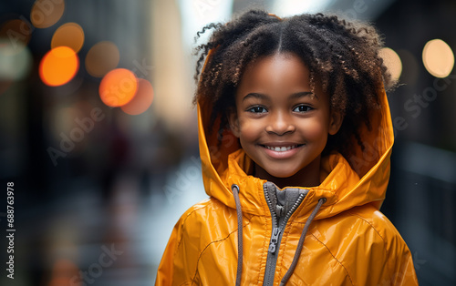 Portrait of a cute dark-skinned little girl wearing a yellow raincoat. Schoolgirl enjoying rainy weather in the city.