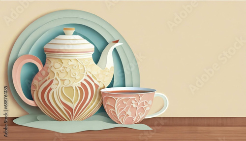 A teapot and tea cup set, in a cut paper collage style. Generative AI 