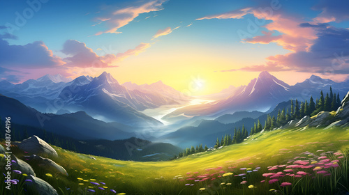 scenic valley beautiful panorama landscape illustration background scenery, outdoor sunrise, tourism dawn scenic valley beautiful panorama landscape, sunset with cloudy sky