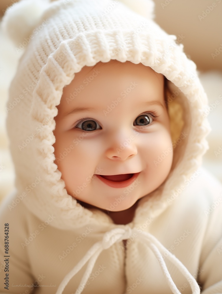 Close-up Portrait of a Cheerful Toddler in a Cozy Hooded Sweater, Radiating Joy with a Sweet Smile. Soft Pastel Tones and Intimate Lighting Capture the Innocence of Childhood Happiness. Close-up Portrait of a Cheerful Toddler in a Cozy Hooded Sweater, Radiating Joy with a Sweet Smile. Soft Pastel Tones and Intimate Lighting Capture the Innocence of Childhood Happiness.