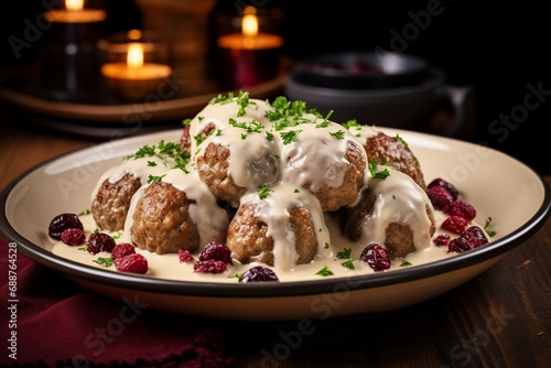 An inviting food photograph showcasing Swedish Meatballs in a creamy sauce, plated elegantly against a cozy Swedish backdrop. The dish, paired with lingonberry jam, boasts tender flavors and an inviti photo