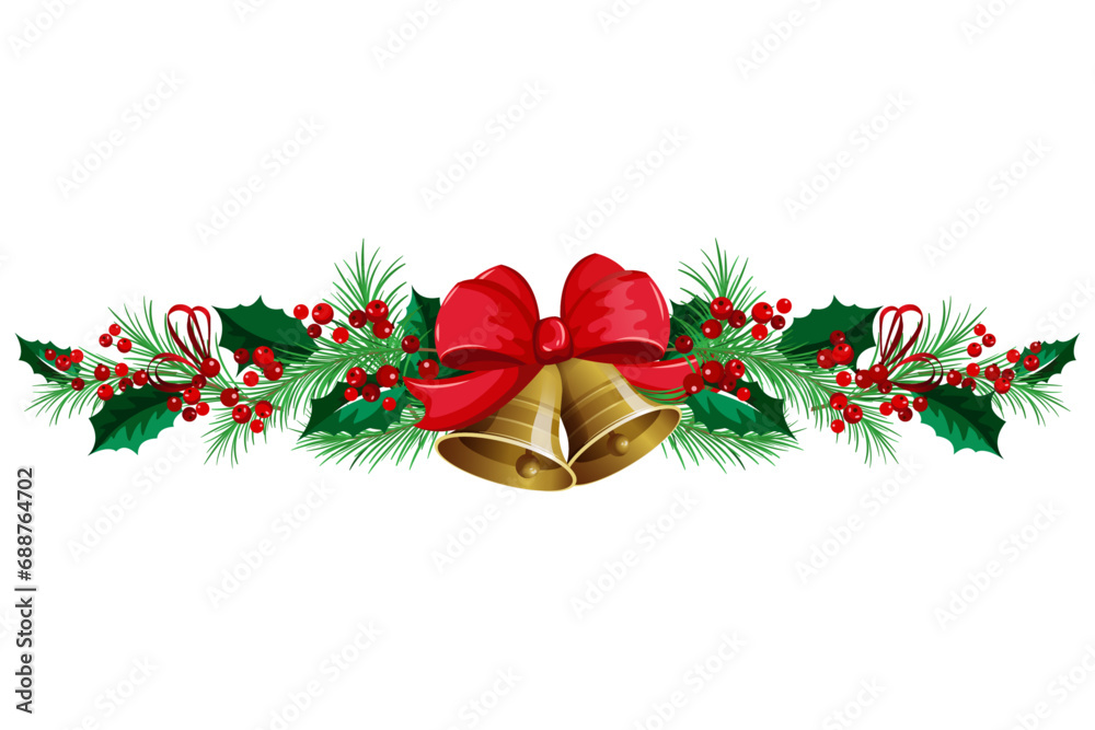 Christmas holly ornament with bells illustration New Year border decoration isolated vector - obrazy, fototapety, plakaty 