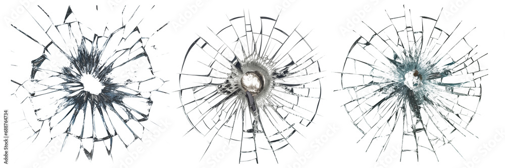 Set of holes in glass on a transparent background in PNG format. Close-up of a different bullet holes in the glass, cracks spreading out in different directions. Overlay for design or project.
