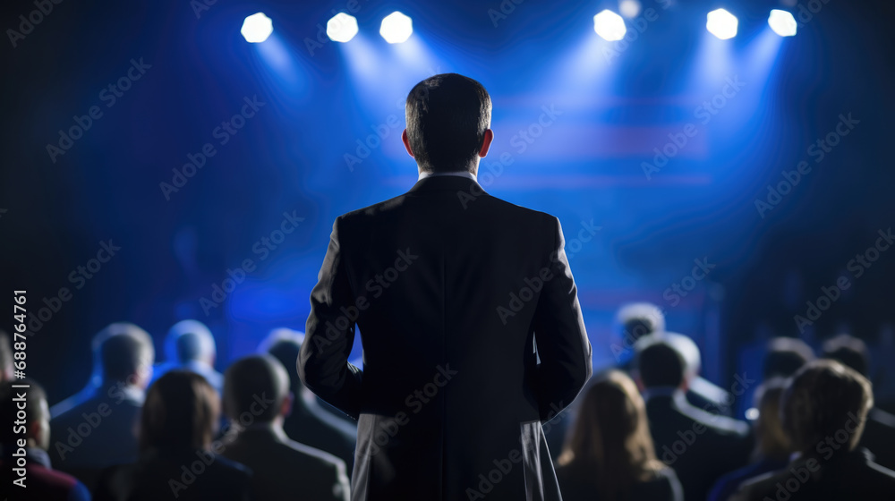 Man in a suit speaking into a microphone in front of an audience in a dark auditorium. Man in a suit speaking into a microphone in front of an audience in a dark auditorium.