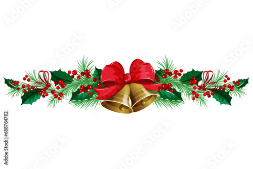 Christmas holly ornament with bells illustration New Year border decoration isolated vector photo