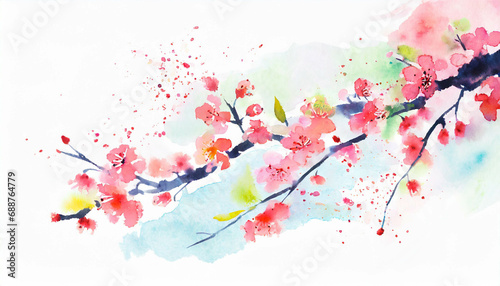 Cherry blossom branch full of flowers, in a colorful watercolor style. Generative AI 