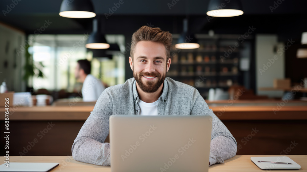 Middle aged man working on a laptop in his modern office Middle aged man working on a laptop in his modern office