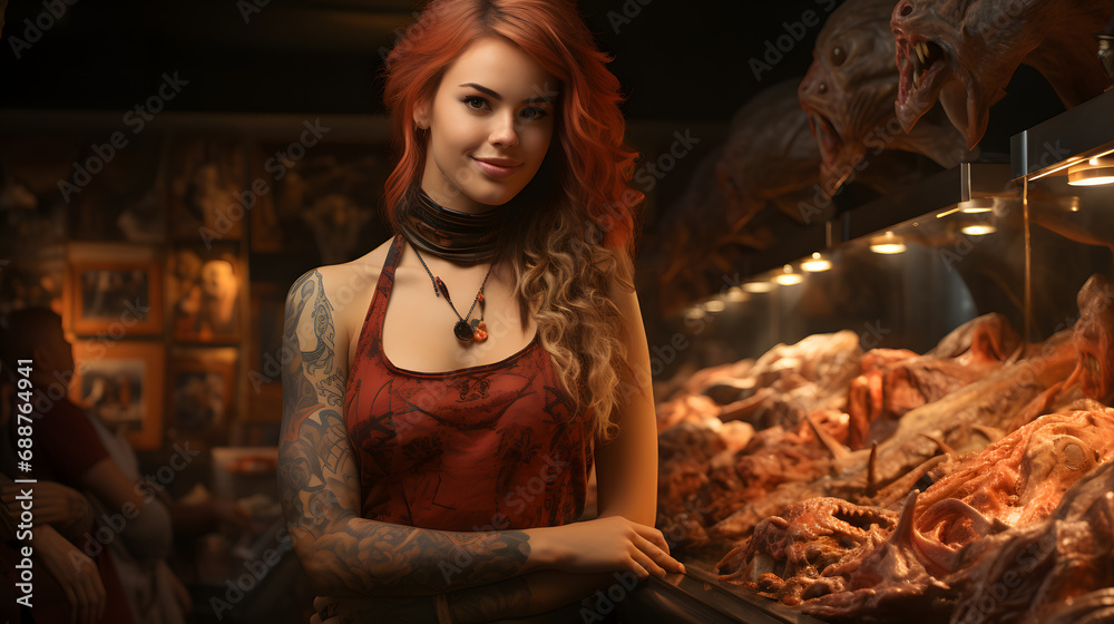 Young Tattooed Woman Butcher Behind the Meat Counter, Skillfully Selling Fresh Meat