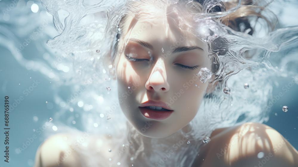 Beautiful young woman in water on blue background. Spa, healthcare and beauty concept . Woman model with closed eyes. Facial skin care, cleansing and moisturizing concept
