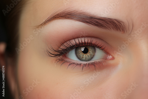 Closeup female eye with long eyelashes, woman eyebrow. Makeup, Cosmetics, Beauty. Close up