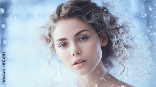 Portrait of a beautiful young woman with long curly hair and blue eyes with water splash on blue background. Spa treatment, face skin care, beauty, cleansing and moisturizing concept
