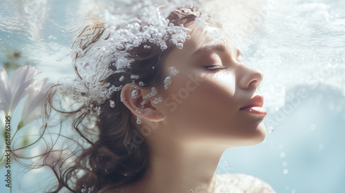 Portrait of beautiful young woman with water splash on her beauty face on blue background. Woman model with closed eyes. Spa treatment, facial skin care, cleansing and moisturizing concept