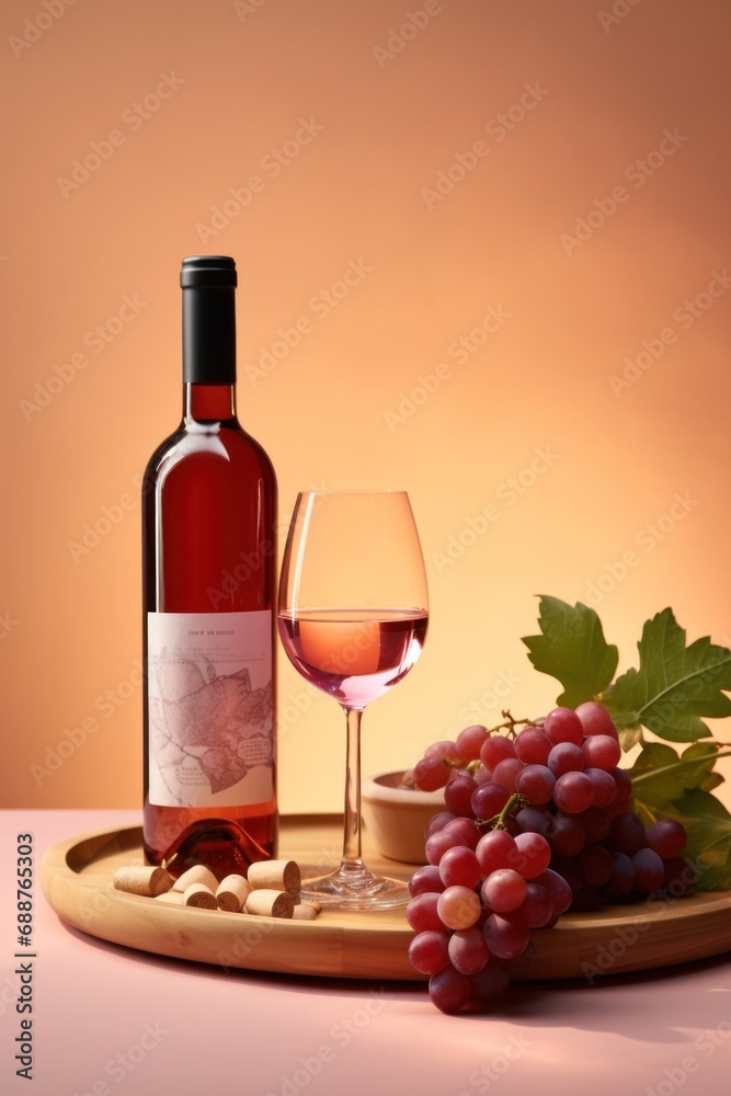 Rose wine Bottle and grapes on a pink peach color wall background, advertising concept