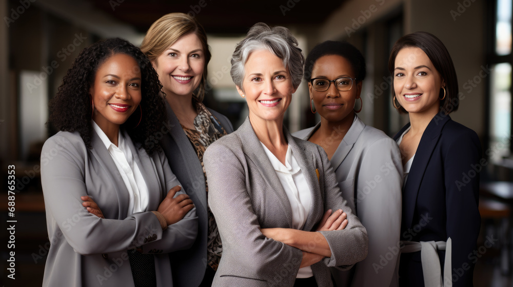 Group of four businesswomen are smiling confidently, standing together in business attire, representing diversity and empowerment in a corporate setting.