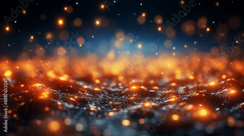 Abstract golden wave with bokeh effect on black background. Glowing particles with depth of field