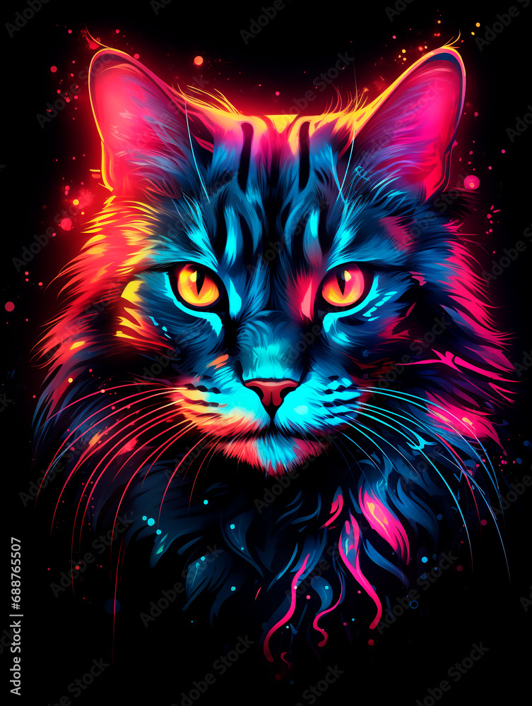 Cat head with colorful light on a black background