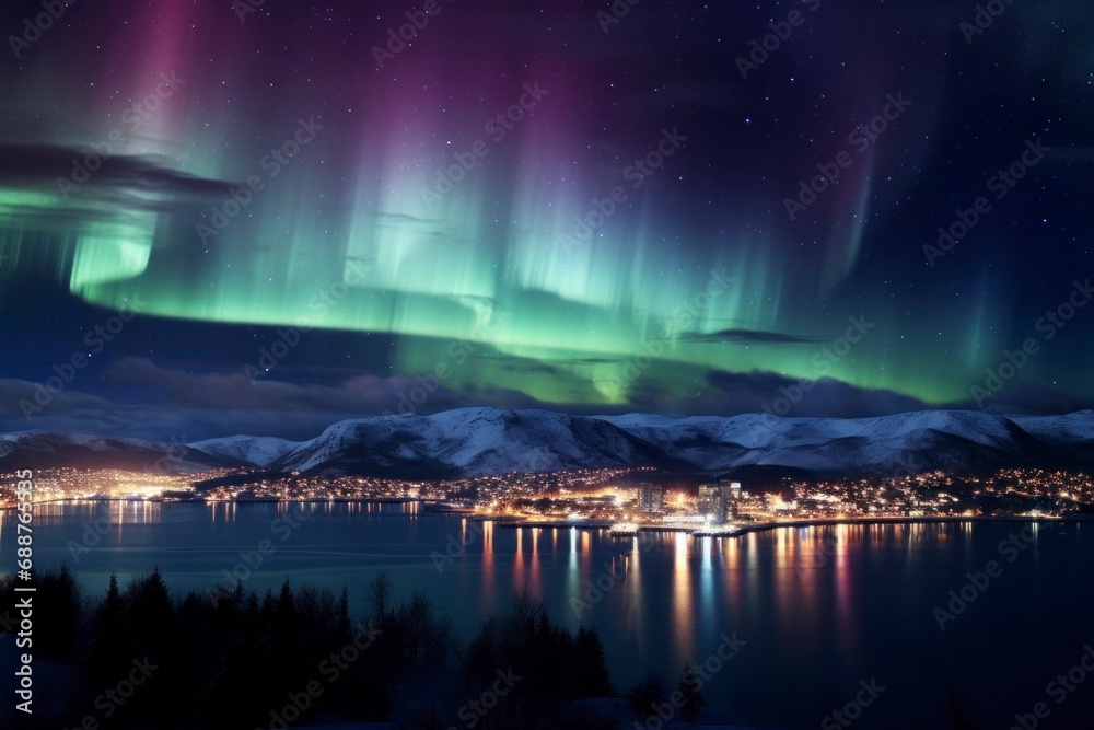 Dazzling northern lights paint the night sky over the bustling city, creating a celestial dance of vibrant colors in this awe-inspiring aurora borealis display. 