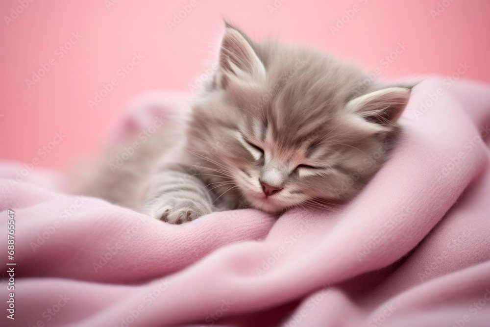 In this adorable capture, a gray cute kitten peacefully dozes off on a soft pink blanket, its fluffy fur adding an extra layer of charm, creating an irresistibly cute In this adorable capture, a gray cute kitten peacefully dozes off on a soft pink blanket, its fluffy fur adding an extra layer of charm, creating an irresistibly cute