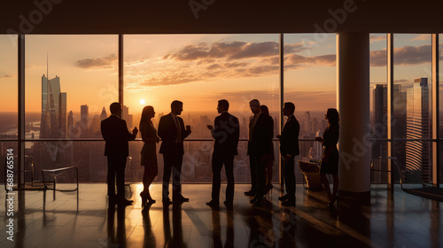 Silhouetted professionals are standing by large windows overlooking a city skyline at sunset, reflecting on the glossy office floor. © MP Studio