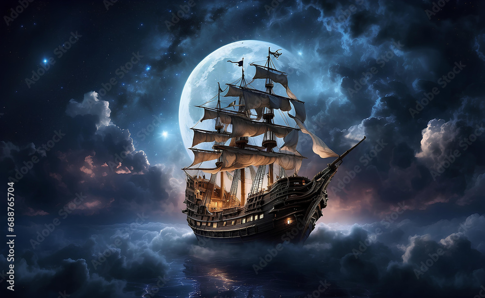 Fototapeta premium A pirate ship flying through the clouds in the night sky.