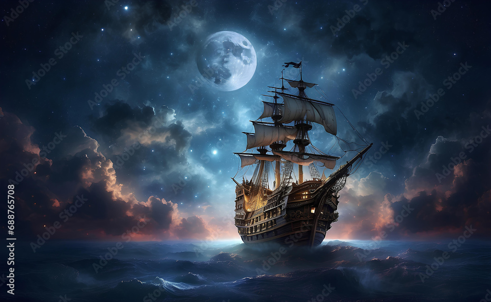 Obraz premium A pirate ship flying through the clouds in the night sky.