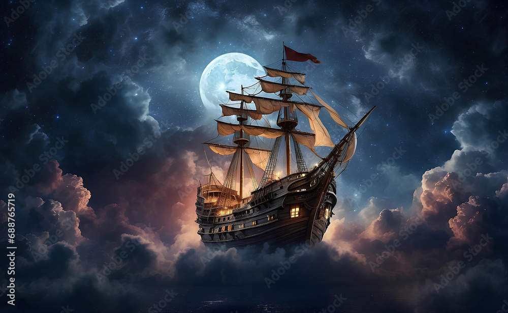 Fototapeta premium A pirate ship flying through the clouds in the night sky.