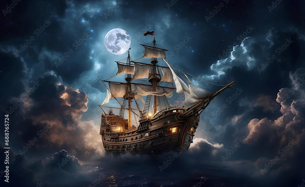 Fototapeta premium A pirate ship flying through the clouds in the night sky.