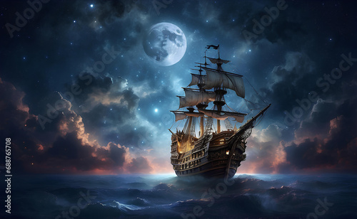 A pirate ship flying through the clouds in the night sky.