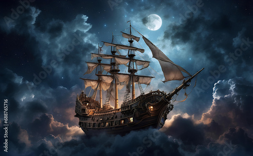 A pirate ship flying through the clouds in the night sky.